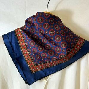 Vintage Ashear Navy Red Gold Floral Foulard Print Silk 18" Square Scarf